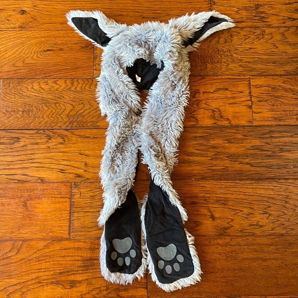 Animal “Spirit Hood” Fluffy Bunny - Grey Scarf Hat Beanie Winter